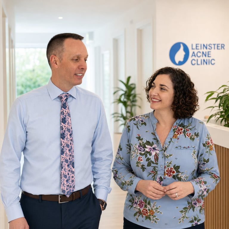 Two professionals smiling while walking together in a modern clinic hallway with Leinster Acne Clinic signage visible