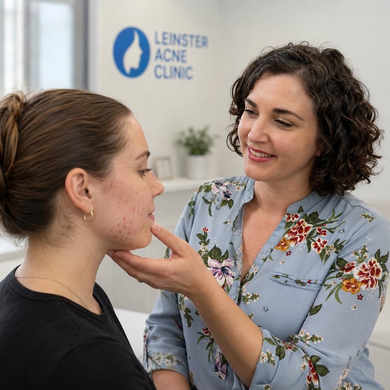 Healthcare professional examines patients chin at Leinster Acne Clinic during a skin consultation