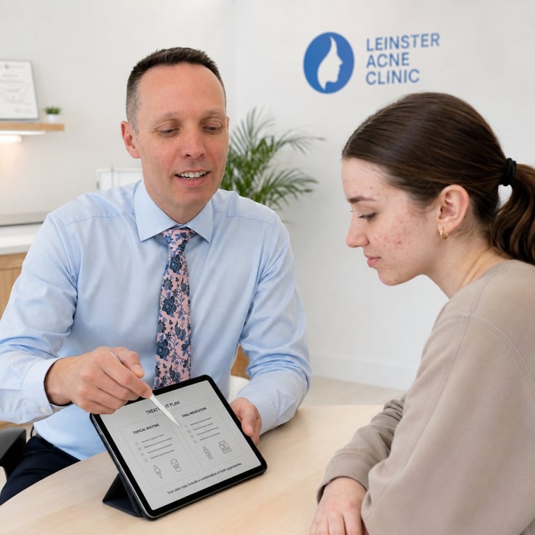 Doctor in blue shirt showing tablet to female patient at Leinster Acne Clinic consultation