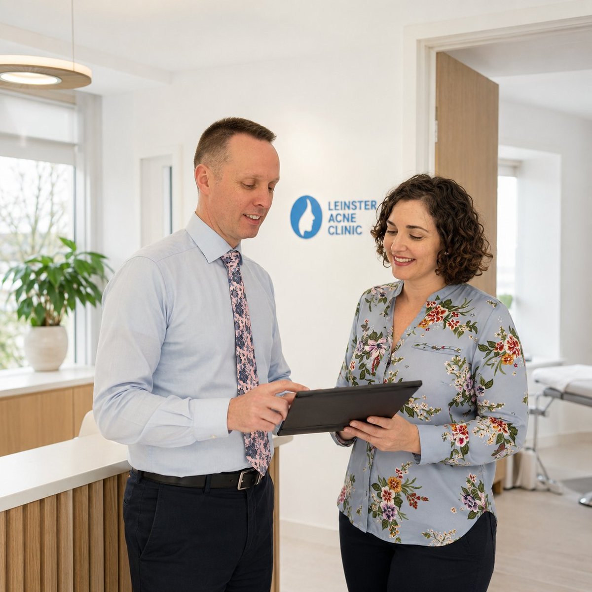 Man and woman in casual business attire looking at tablet in modern clinic office with Minster Acne Clinic signage