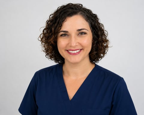 Portrait of a smiling woman with curly dark hair wearing a dark blue v-neck top against a light gray background